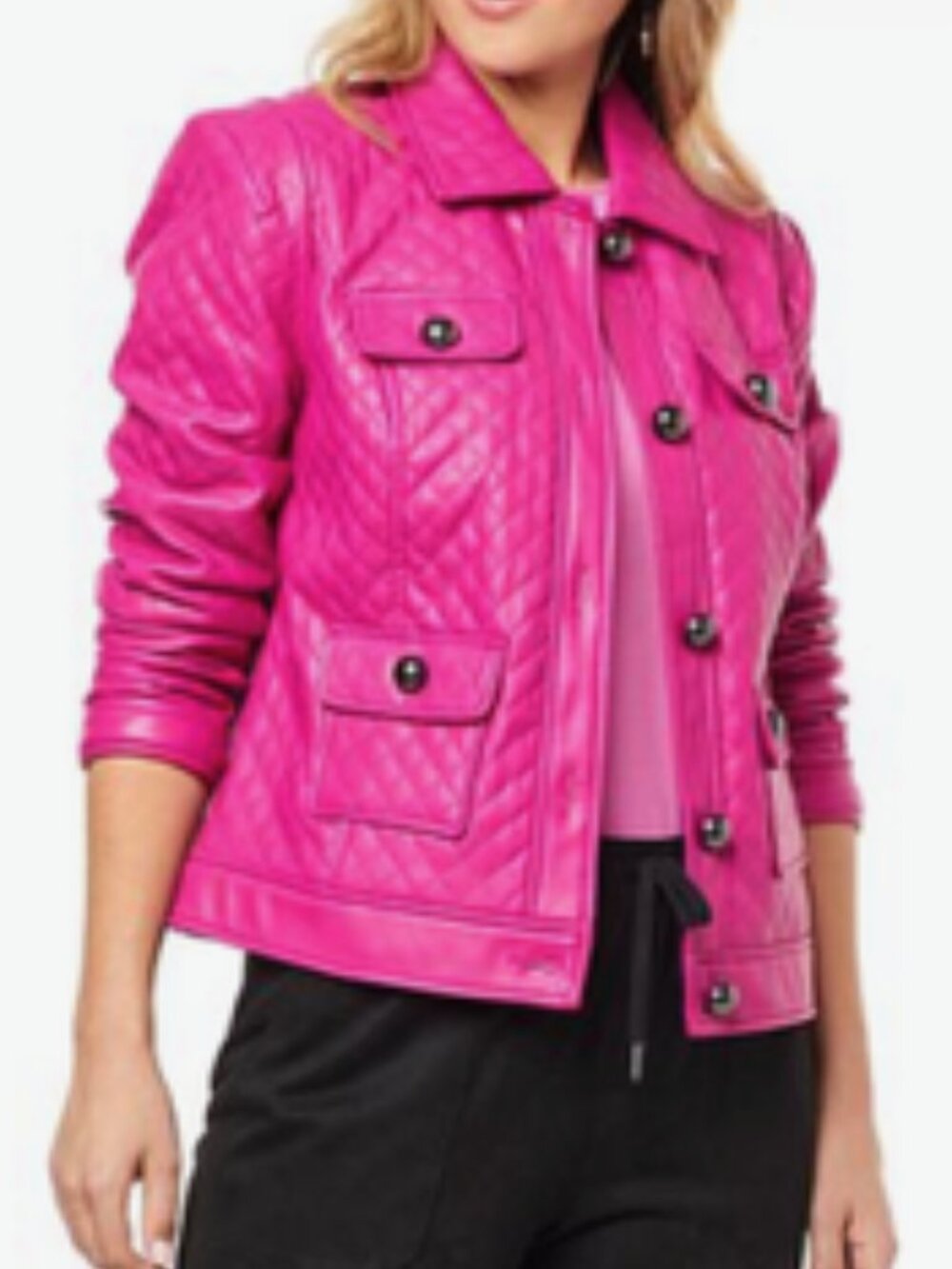 G by Giuliana Fuchsia Magenta Quilted Stretch Faux Leather Jacket